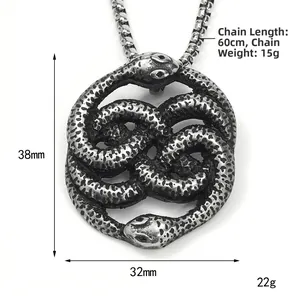 Détails du pendentif serpent Ouroboros argenté avec chaîne de 60cm et dimensions
