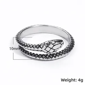 Detail view of silver snake ring showing 10mm head width and 4g weight parameters