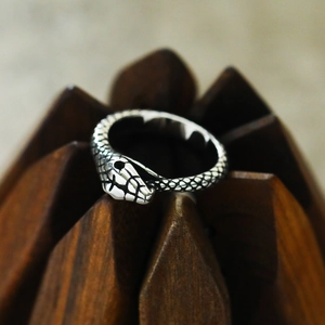 Ouroboros snake ring in vintage silver titanium steel with detailed scale texture