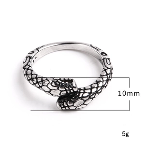 Macro detail of retro snake ring scale texture and 10mm width measurement on silver band