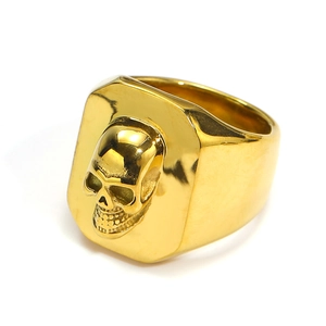 Gothic gold-plated stainless steel signet ring with a 3D skull design for men