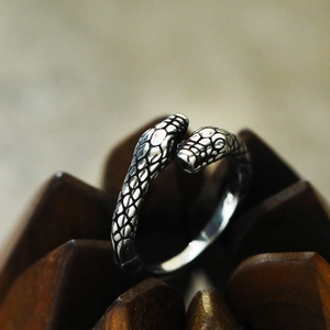 Macro detail of vintage silver snake ring showing intricate scales and double head design