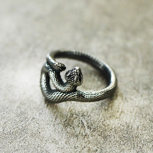 Vintage titanium steel twin-head snake ring with intricate scale texture engraving