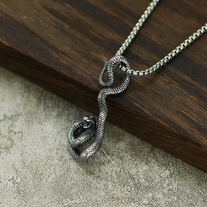 Détail du pendentif serpent argenté rétro avec textures d'écailles et chaîne box