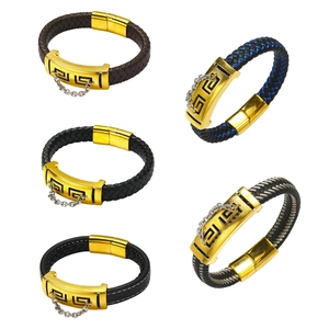 Men Ethnic Cowhide Braided Bracelet Stainless Steel Greek Key Pattern Gold Magnetic Clasp Leather Wristband Fashion Jewelry