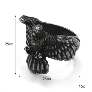 Punk vintage stainless steel eagle ring featuring detailed feather textures and 25mm wingspan