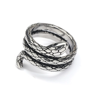 Vintage titanium steel snake ring with detailed scale texture on a white background