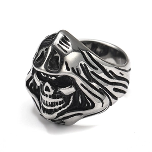 Detailed macro shot of vintage silver skull ring with hooded reaper design details