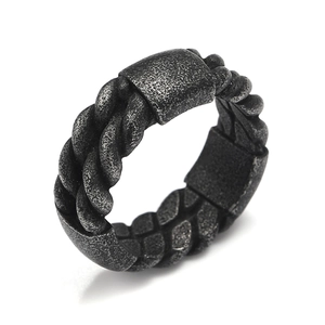 Retro punk titanium steel ring with double woven rope texture and rectangular top