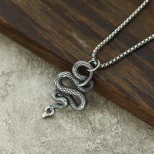 Gros plan détaillé d'un pendentif serpent vintage en argent avec textures d'écailles