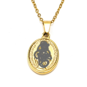 Vintage oval gold portrait pendant necklace with textured embossed letters on O-chain