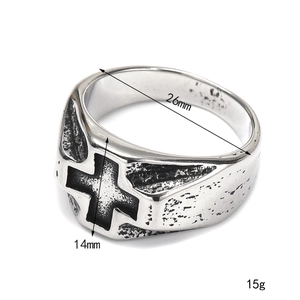 Retro punk cross ring in vintage titanium steel with durable blackened oxidized finish