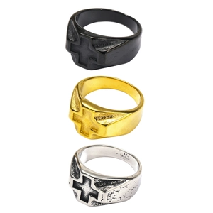 Three-piece set of cross signet rings in matte black, gold, and antique silver finish