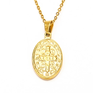 Vintage gold plated Saint Benedict medal necklace with oval pendant on O-chain