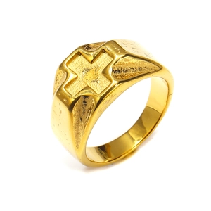 Vintage gold-plated cross signet ring in punk style for men and women on white background