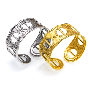 Vintage Hammered Stainless Steel Open Cuff Bracelet For Women 18K Gold Plated Hollow Geometric Wavy Edge Wide Bangle Fashion Jewelry
