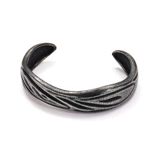 Vintage viking geometric titanium steel open cuff bracelet with wavy relief texture