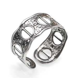 Retro hollow stainless steel open cuff bracelet with hammered texture and silver finish