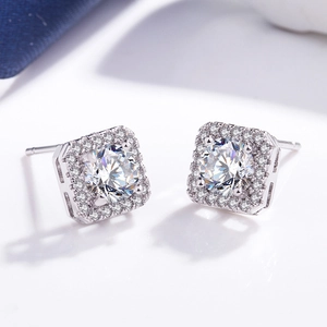 Elegant square halo stud earrings with round center zircon in micro-paved silver setting