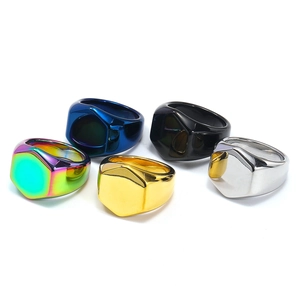 Polished hexagon titanium steel signet rings for men in five metallic colors