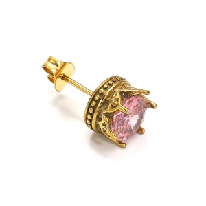 18k Gold Titan Kronen Ohrstecker mit einem großen funkelnden rosa Zirkonia Stein