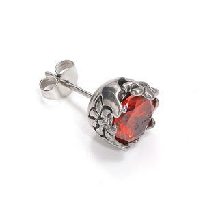 Clou d'oreille en acier titane avec pierre rouge et base argentée texturée de style rétro