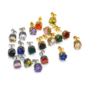 Vintage Krone Rund Zirkonia Ohrstecker Für Damen Herren Titanstahl Retro Ausgehöhlt Bunte Edelstein Ohrringe Schmuck