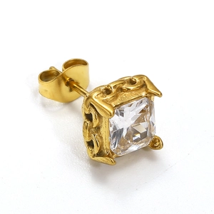 Clou d'oreille vintage pour homme en acier doré avec zircon carré et gravures fines