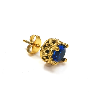 Boucles d'oreilles rétro en titane doré avec gemme bleue et motifs gravés vintage