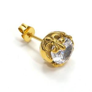 Puce d'oreille vintage en acier titane doré avec zircon rond et base motif fleur de lys