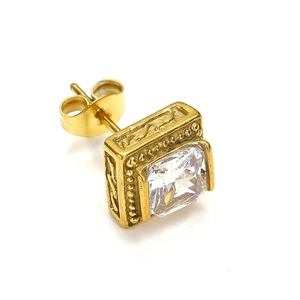 Vintage Punk Titanstahl Ohrstecker mit quadratischem Zirkon und goldener Gravurverzierung