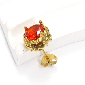 Boucle d'oreille vintage en zircon rouge avec monture couronne dorée pour hommes et femmes