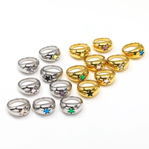 Polished titanium steel star rings in gold and silver with colorful gemstone inlay