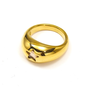 Detailed close-up of polished 18k gold-plated titanium ring with star-shaped engraving