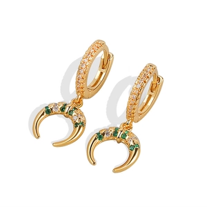 Golden hoop earrings with crescent moon pendants featuring green and white stones