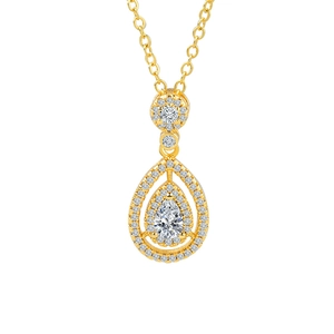 Elegant gold-tone pear-shaped pendant necklace with clear crystal and pavé halo setting