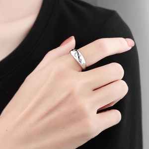 Minimalist S925 sterling silver open ring with sparkling moon and star design on finger
