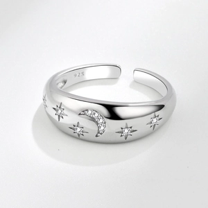 S925 sterling silver adjustable ring with celestial star and moon cubic zirconia design