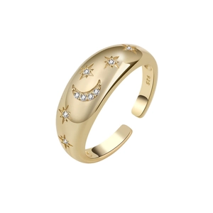Minimalist gold S925 silver open ring with star moon motifs and white zircon inlay