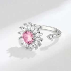 Elegant sunflower open ring with pink zircon center and white marquise petals