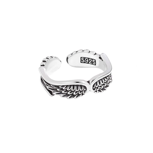 S925 sterling silver angel wing open ring with vintage oxidized finish and feather texture