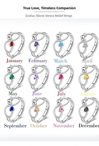 Detail of 12 birthstone anxiety rings in S925 silver with spinning fidget stones