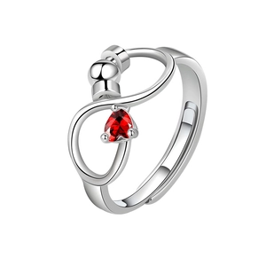 Adjustable silver spinner ring with red heart zircon and rotating anti-stress beads