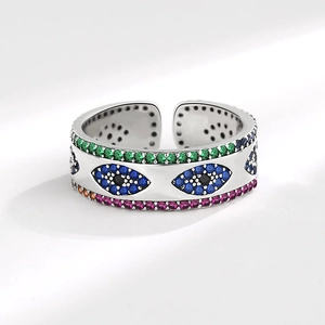 Bague ouverte Evil Eye en argent S925 avec zircons colorés et anneau ajustable