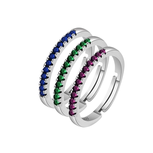 Set van drie stapelbare S925 zilveren ringen met blauwe, groene en paarse zirkonia's