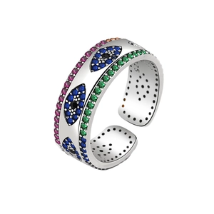 Bague ouverte en argent S925 avec breloques œil maléfique en pavé de zircons colorés