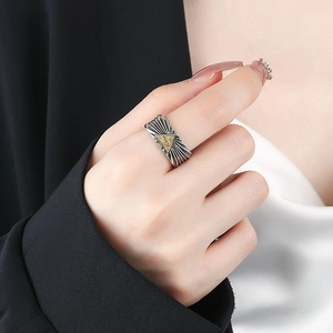 Vintage 925 silver Eye of Providence open ring with gold accents for men and women