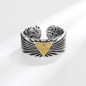 Retro Thai silver open ring with All-Seeing Eye of God symbol and sunburst texture