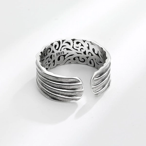 Retro Thai silver open ring featuring Eye of Providence and wavy 3D textured patterns