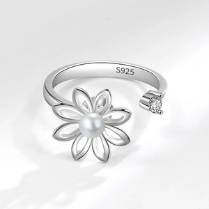S925 Sterlingsilber Drehbarer Blumenring mit Perle und Zirkon, minimalistisches Design